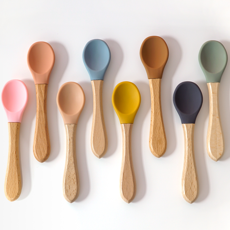 Baby Food Dispensing Spoon - Feeding Wooden Handle Silicone Spoon For